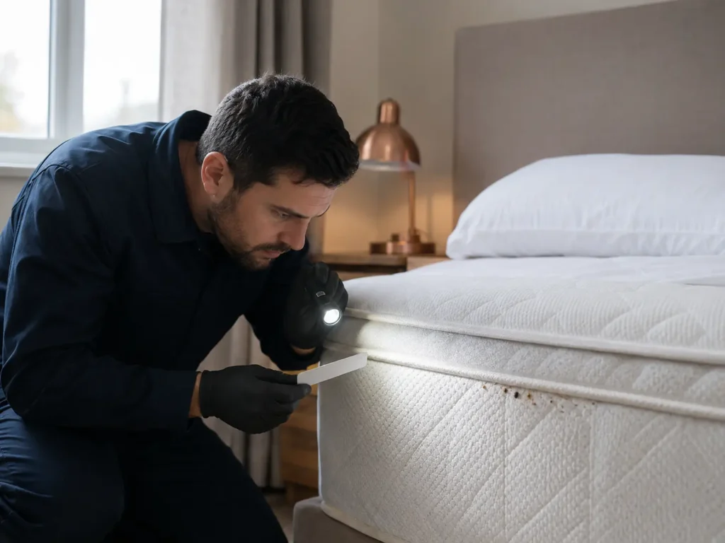 Pest control technician inspecting a mattress seam for bed bugs