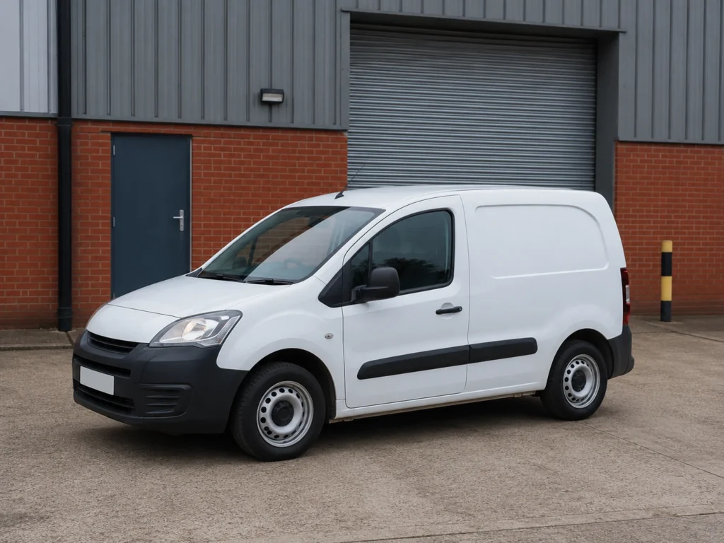 Plain white service van outside a UK industrial unit.