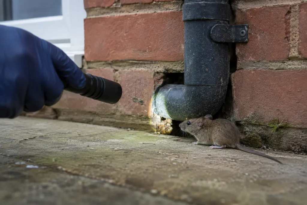 House mouse beside a potential pipe-entry gap during an inspection