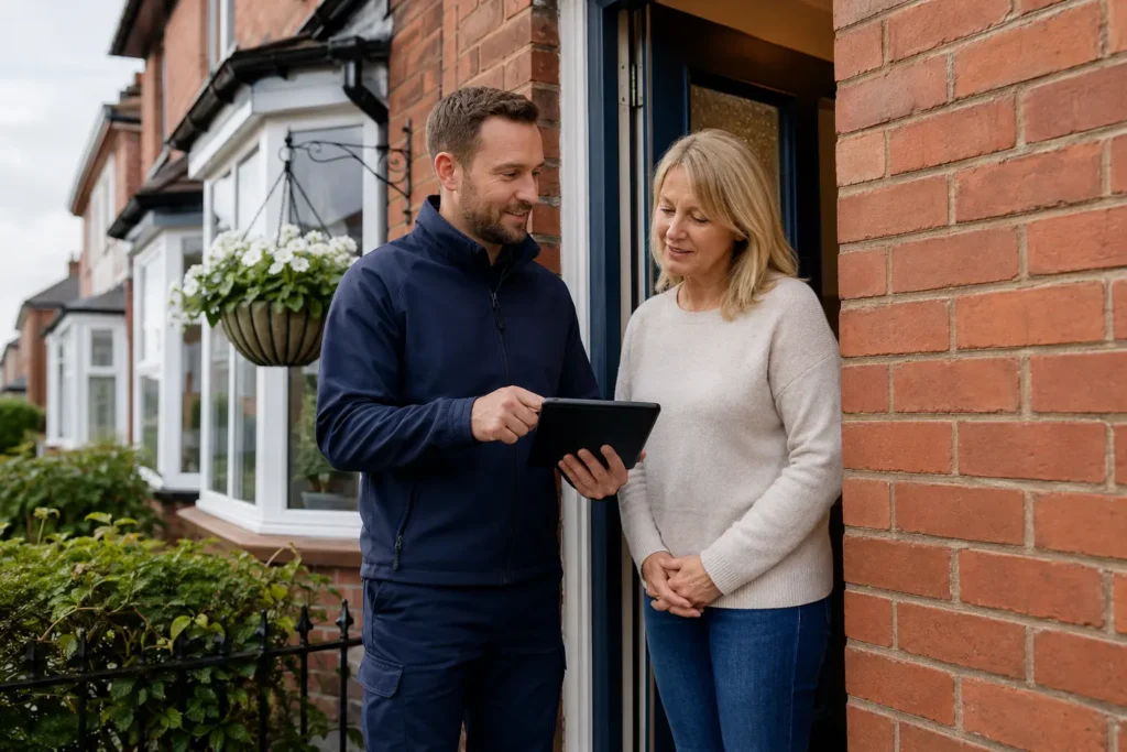 Pest-control technician discussing inspection findings with a homeowner
