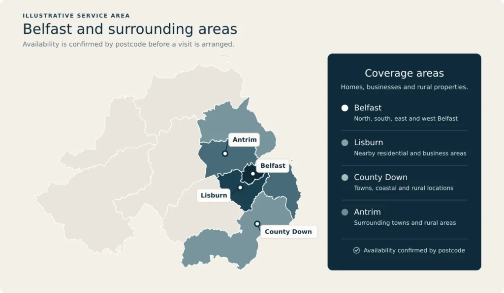Illustrative service-area map showing Belfast, Lisburn, County Down and Antrim