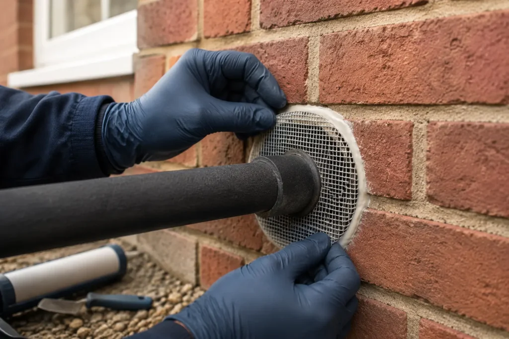 Pest-proof mesh fitted around an exterior pipe entry