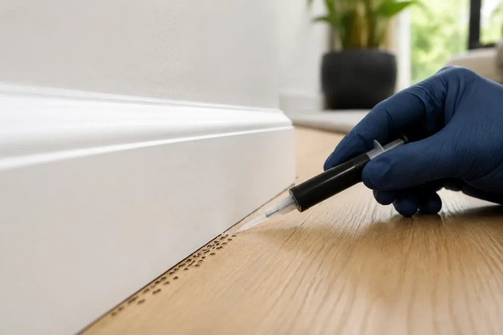 Targeted ant-gel treatment applied beside a skirting board