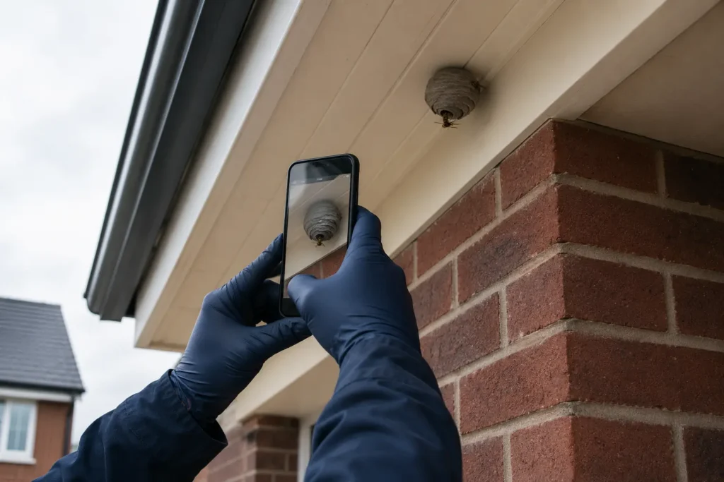 Technician photographing a small wasp nest beneath the eaves of a house