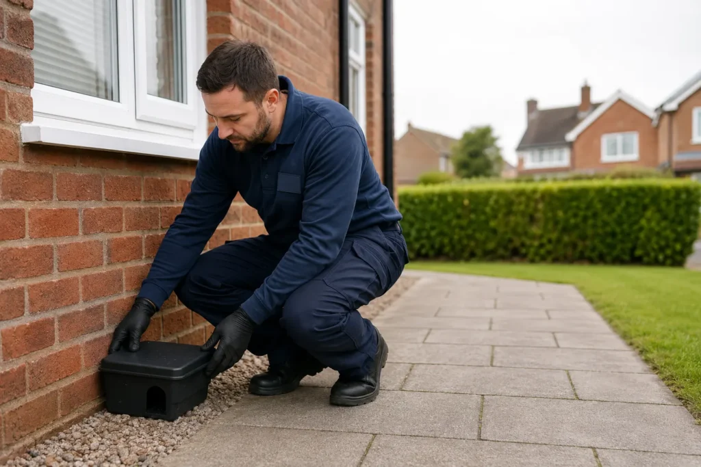 Pest control technician inspecting a bait station beside a brick house