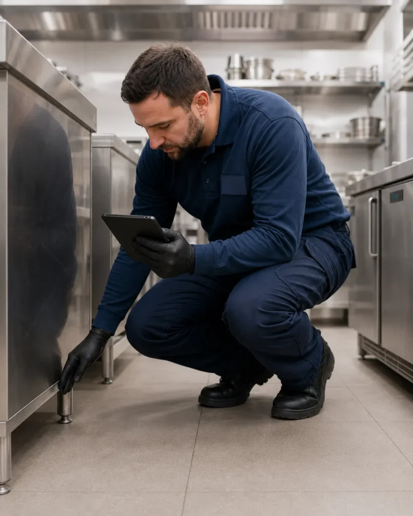 Pest control professional inspecting a commercial kitchen