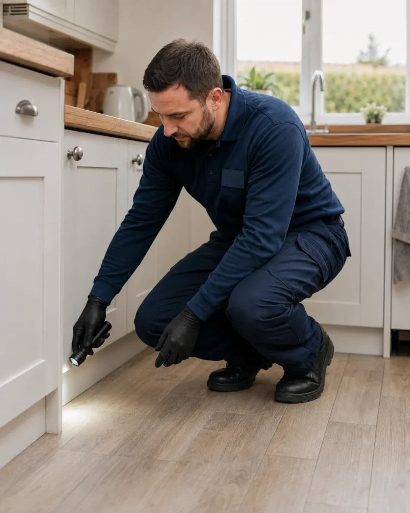 Pest control professional inspecting a domestic kitchen